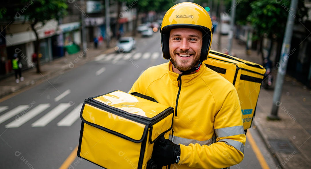 Homem jovem feliz motoboy fazendo entregas