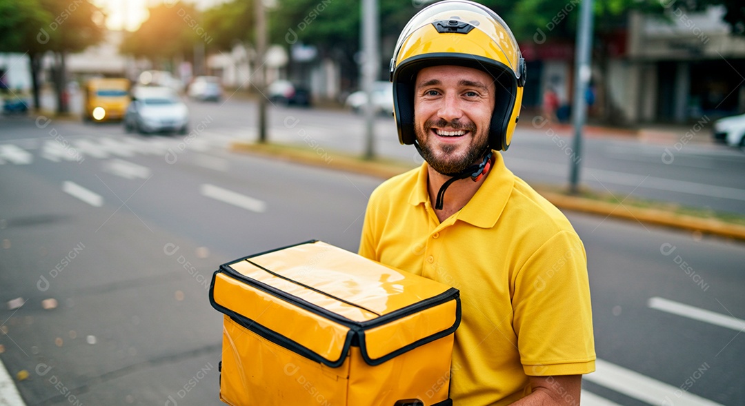 Homem jovem feliz motoboy fazendo entregas