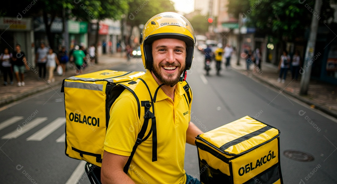 Homem jovem feliz motoboy fazendo entregas