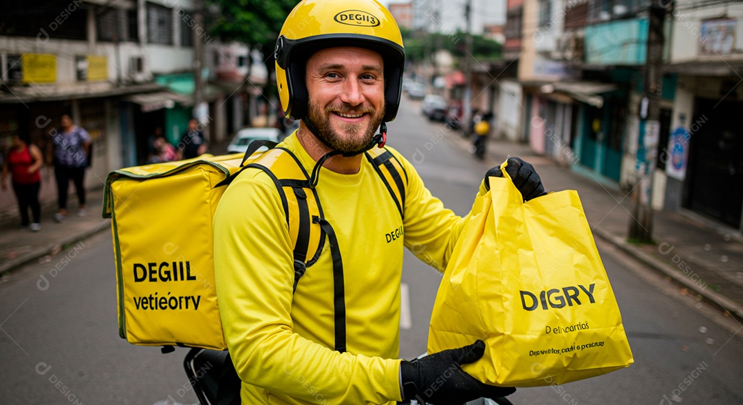 Homem jovem feliz motoboy fazendo entregas