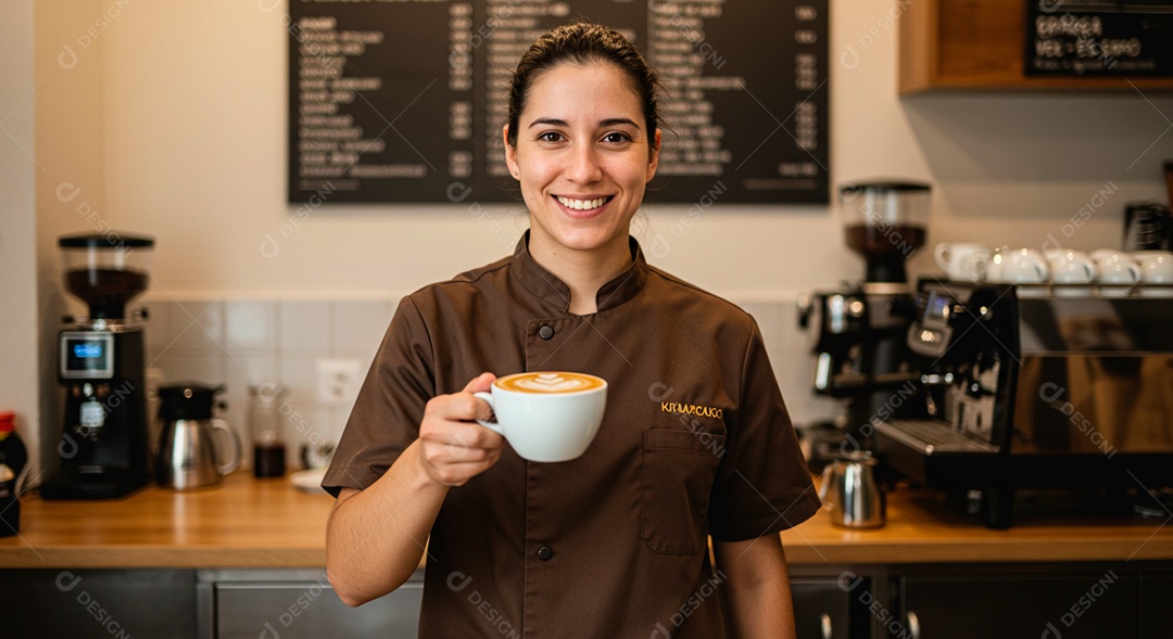 Linda mulher jovem atendente de cafeteria segurando xícara de café