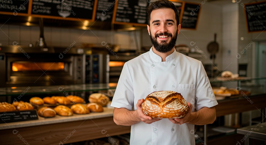 Homem jovem padeiro sorridente segurando bolo sobre padaria