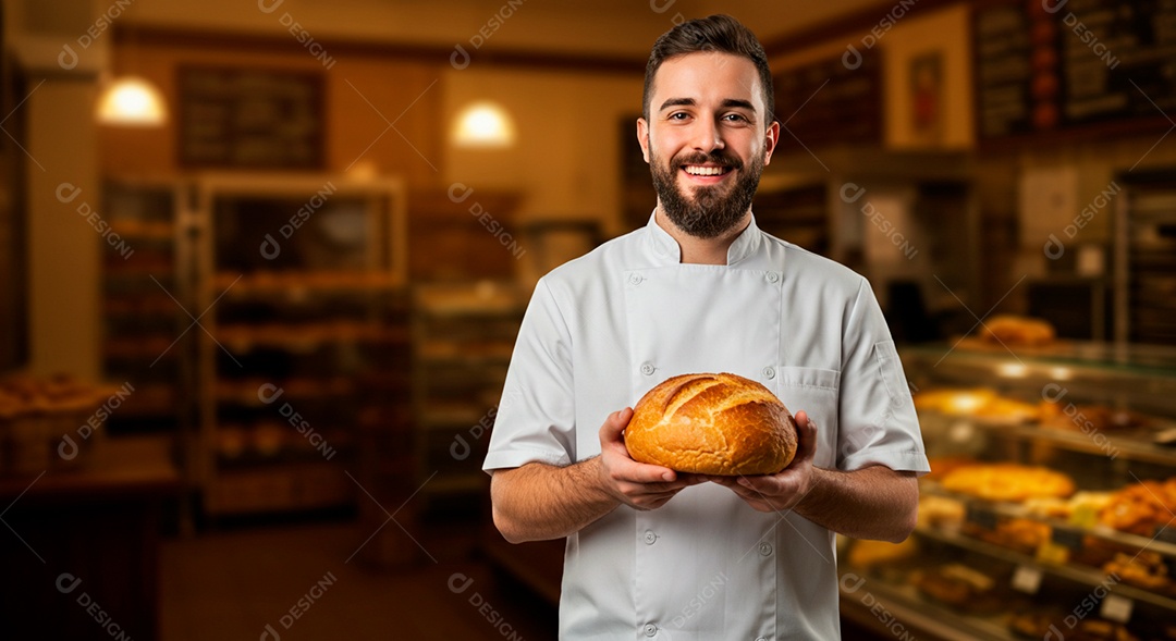 Homem jovem padeiro sorridente segurando bolo sobre padaria