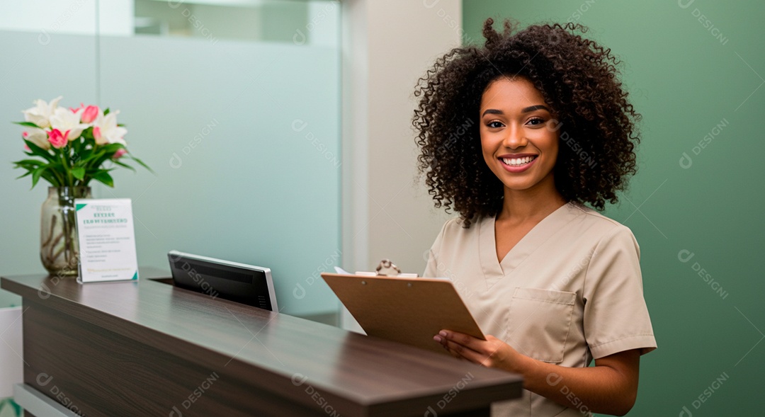 Linda mulher jovem morena atendente