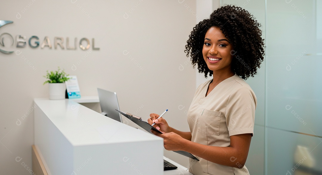 Linda mulher jovem morena atendente