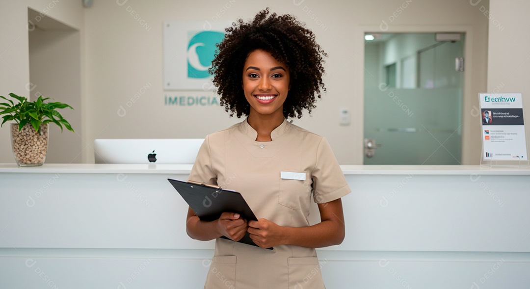 Linda mulher jovem morena atendente