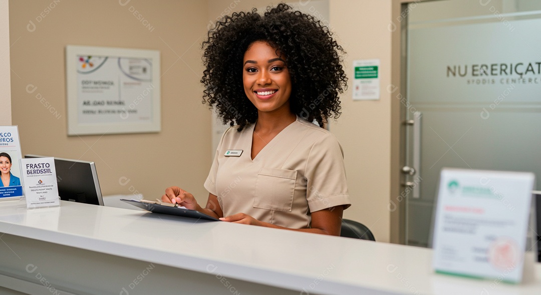 Linda mulher jovem morena atendente