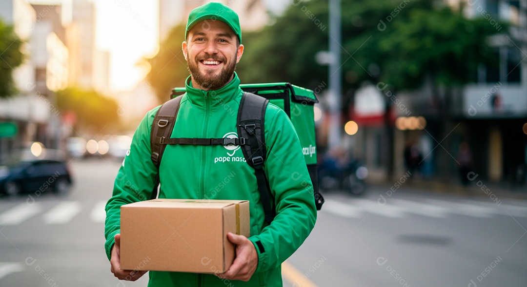 Homem jovem feliz motoboy fazendo entregas
