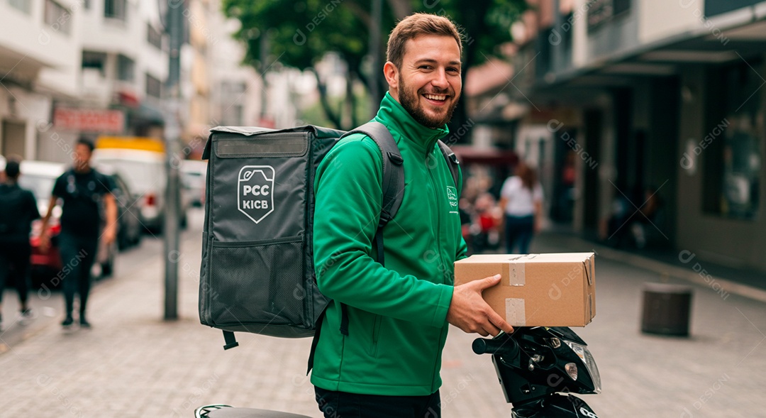 Homem jovem sorridente entregador de encomenda