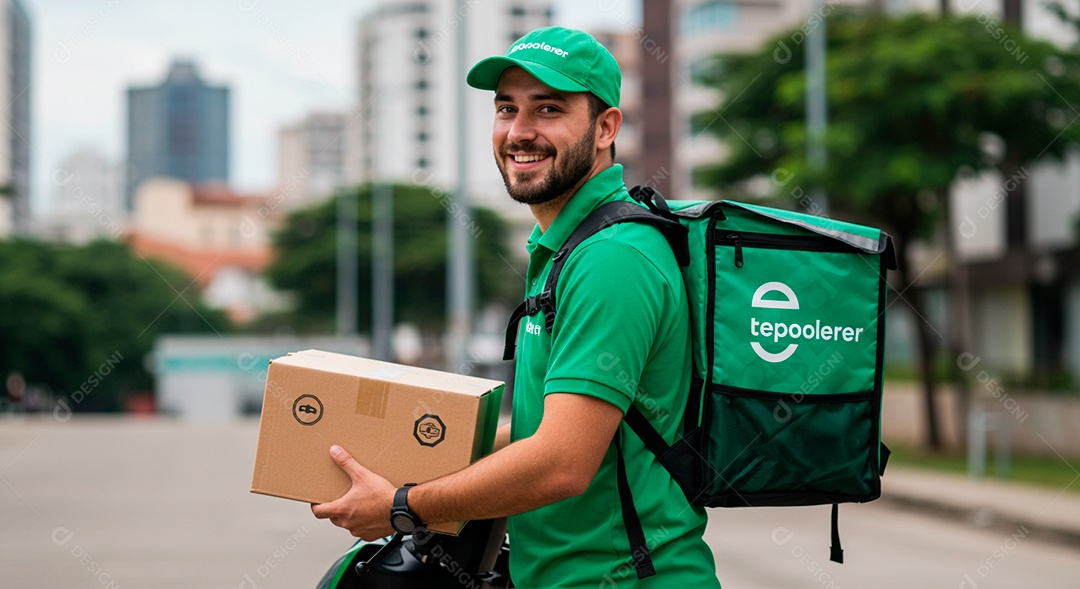 Homem jovem sorridente entregador de encomenda