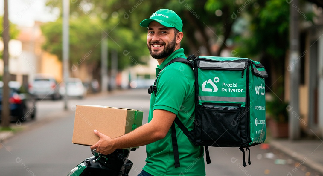 Homem jovem sorridente entregador de encomenda