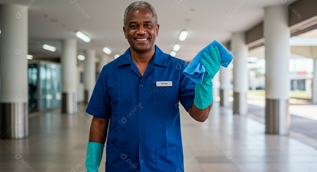 Homem meia idade sorridente limpando o piso