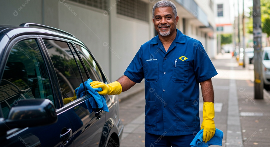 Homem meia idade sorridente lavando o carro