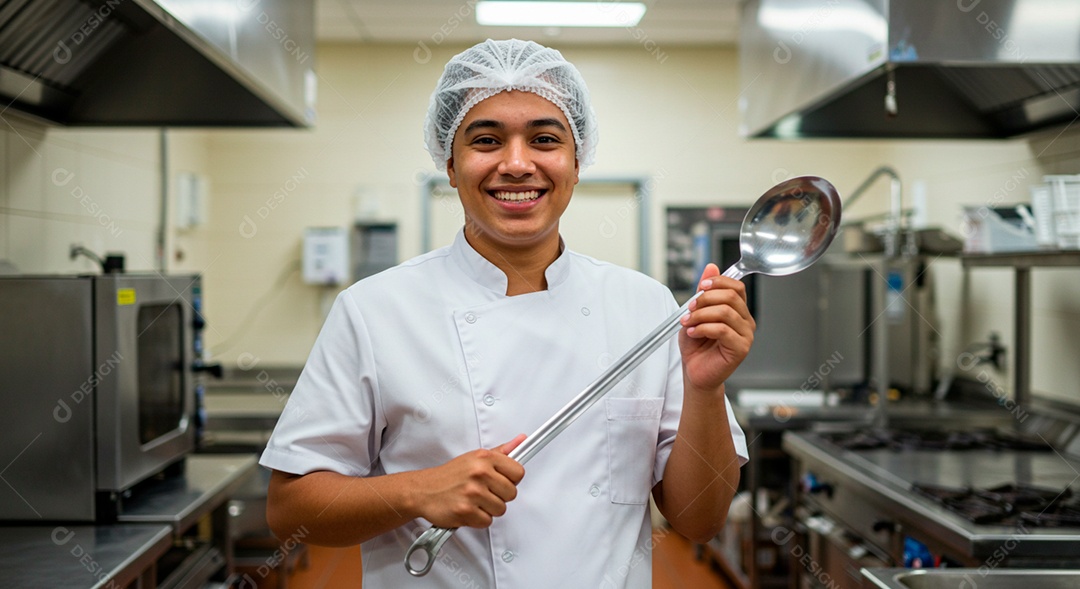Homem jovem cozinheiro sobre cozinha
