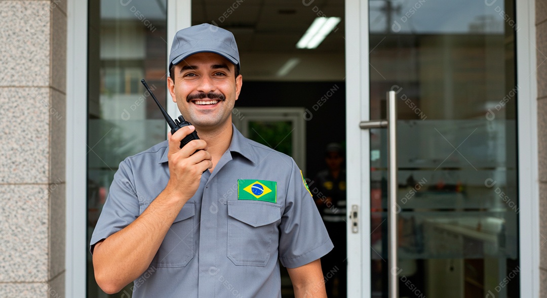 Homem jovem segurança sobre shopping se comunicando através de radio comunicador