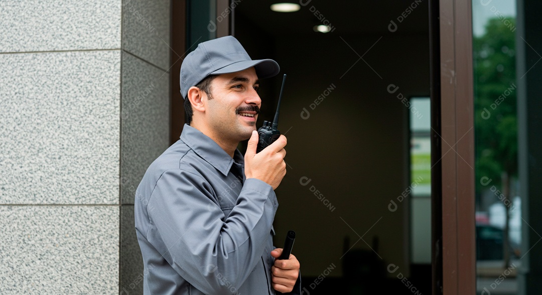 Homem jovem gestor de segurança se comunicando através de um radio comunicador