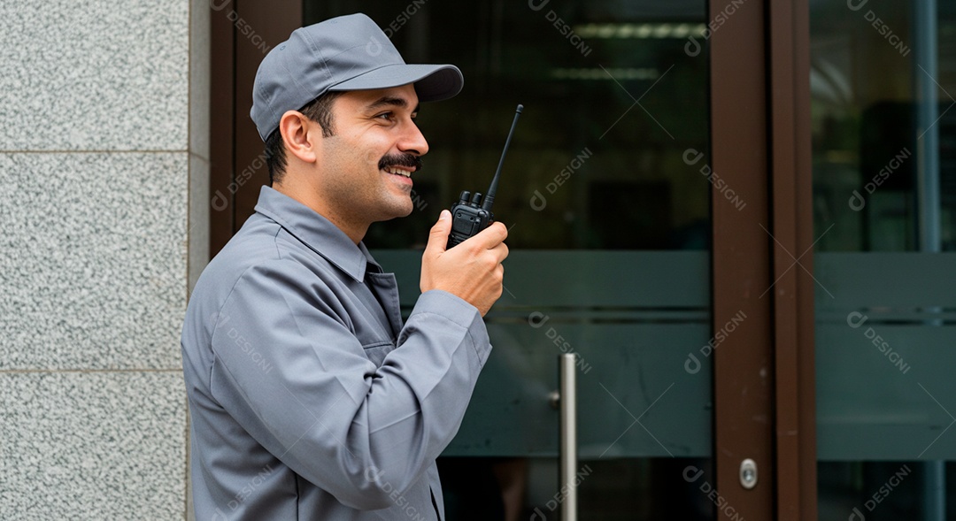 Homem jovem gestor de segurança se comunicando através de um radio comunicador