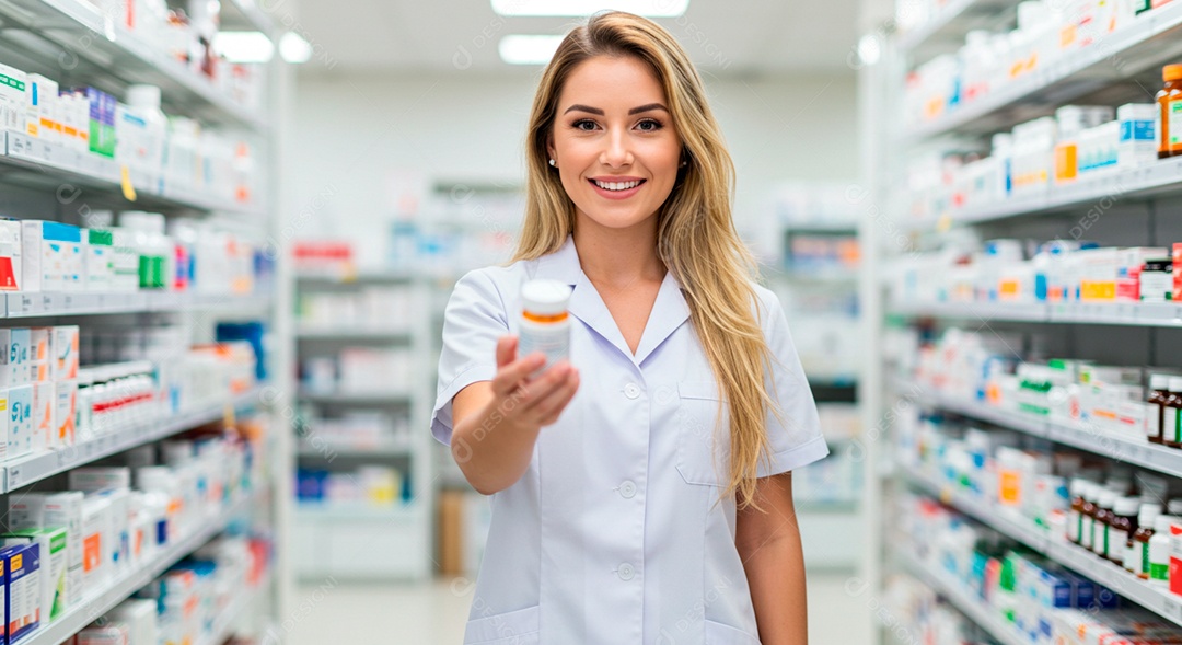 Mulher linda atendedente de farmácia