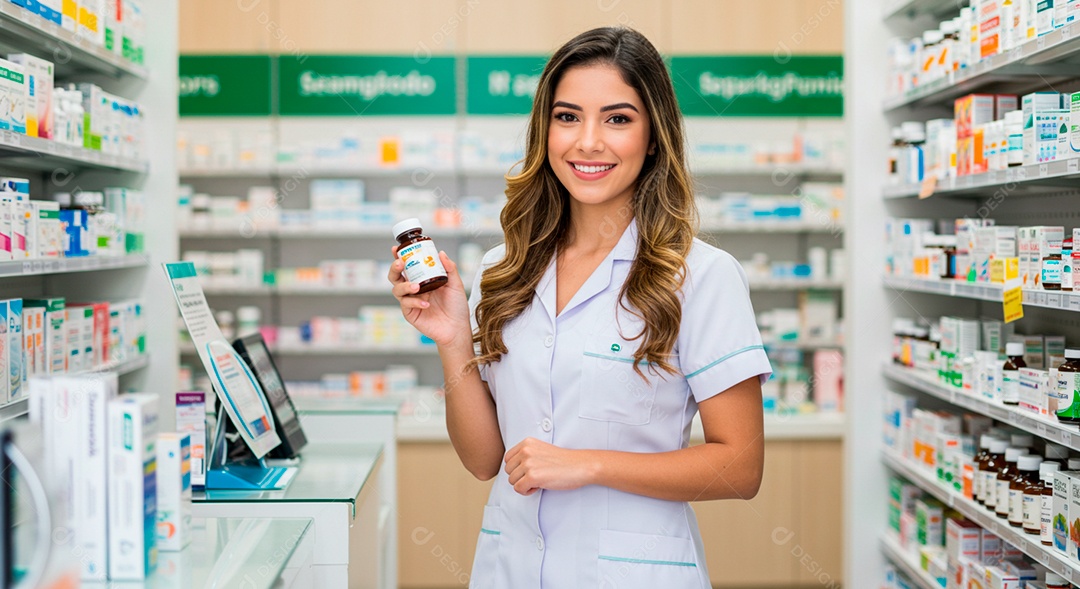 Mulher linda atendedente de farmácia