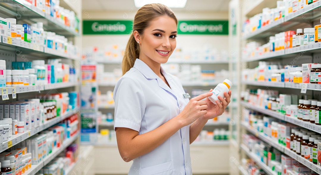 Linda mulher jovem farmacêutica