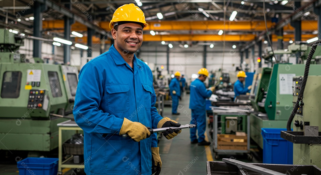 Homem moreno trabalhando sobre fábrica