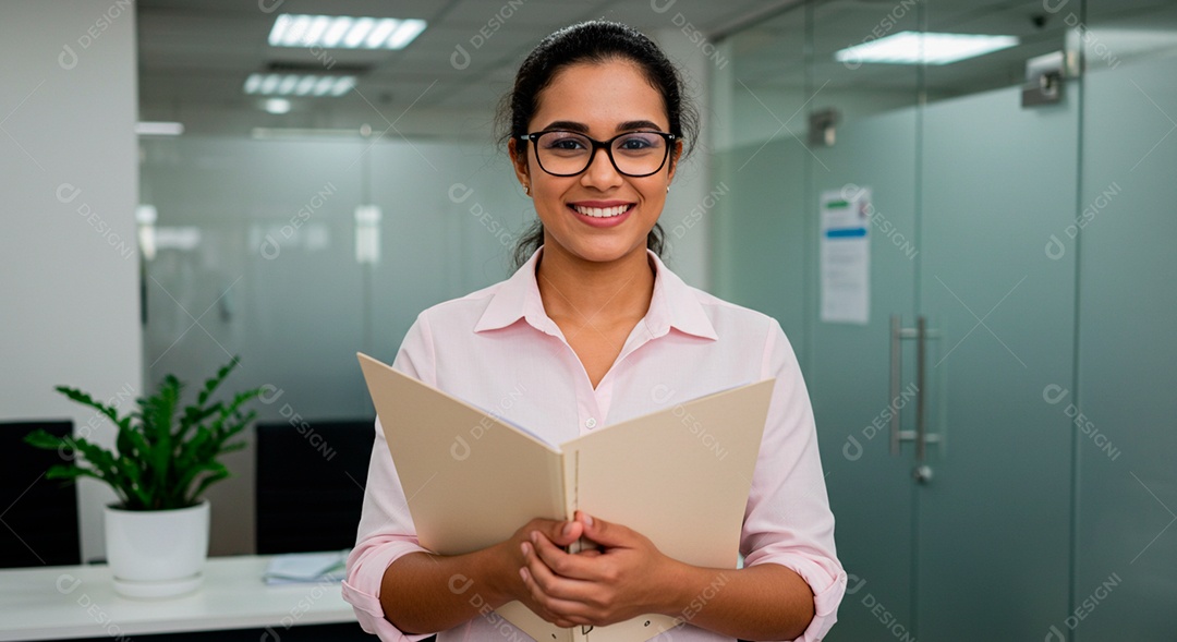 Linda mulher jovem trabalhando sobre escritório segurando folhas