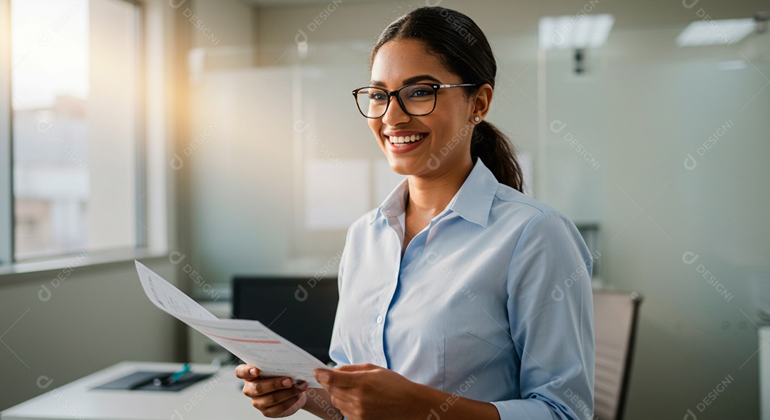 Linda mulher jovem trabalhando sobre escritório segurando folhas