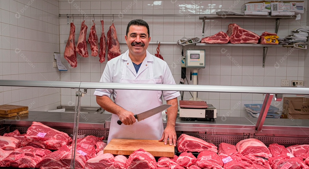 Homem meia idade açougueiro segurando peça de carne