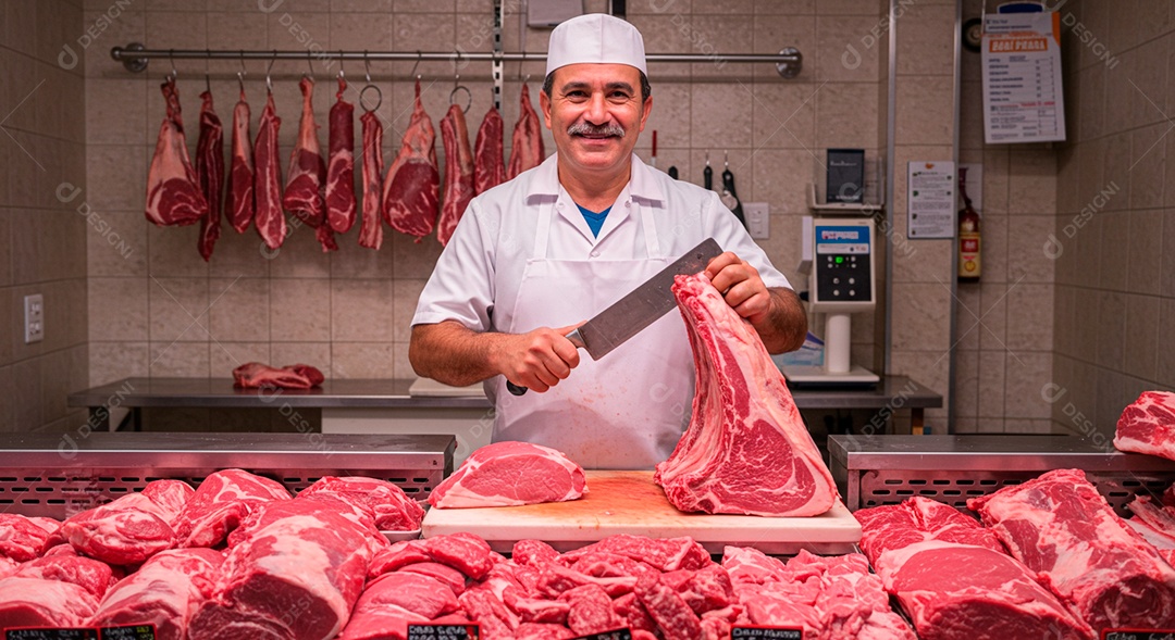Homem meia idade açougueiro segurando peça de carne