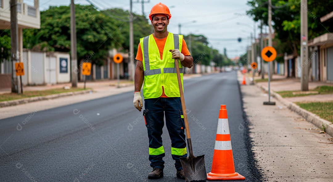 Homem jovem moreno trabalhando sinalizador de obra