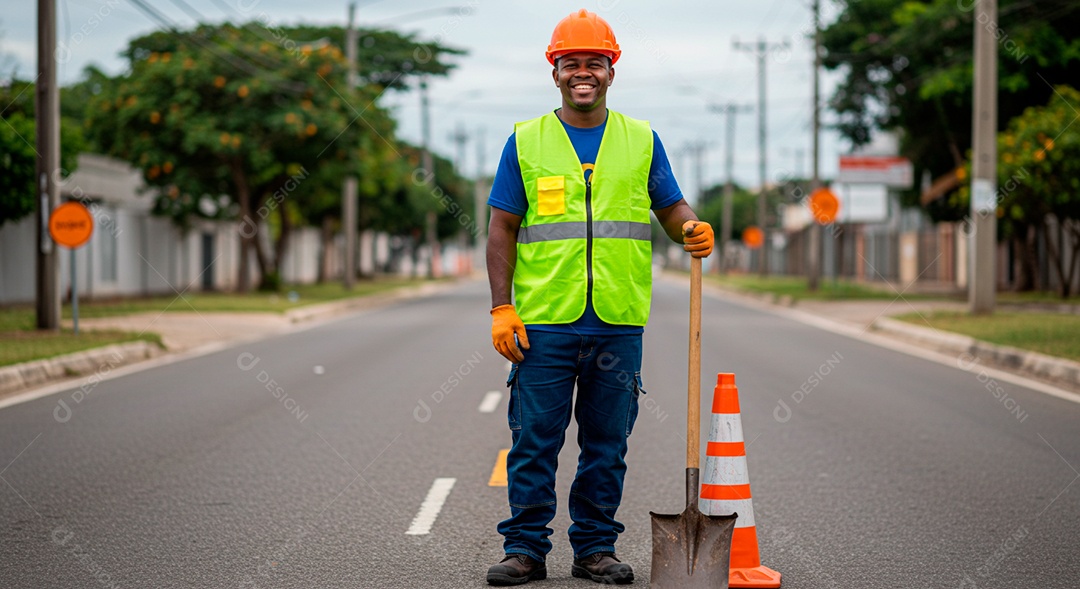 Homem jovem moreno trabalhando sinalizador de obra