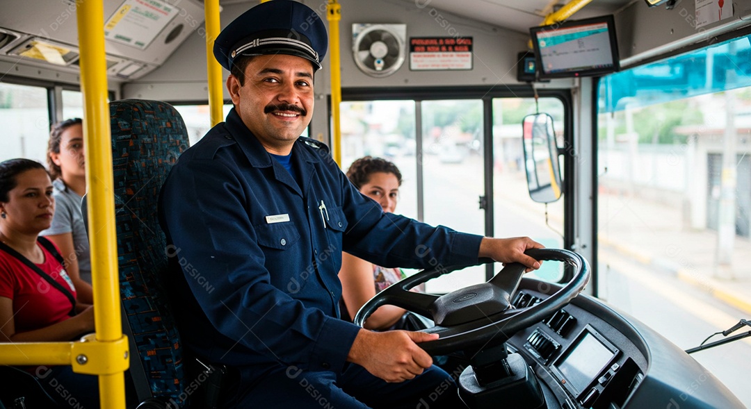 Homem meia idade motorista de ônibus feliz e sorridente
