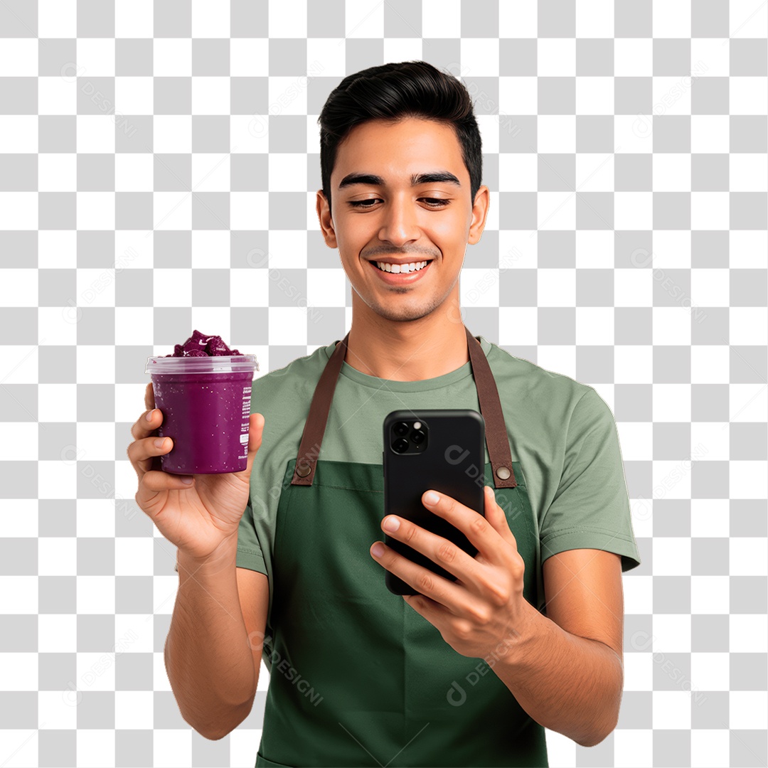 Jovem com Pote de Açaí PNG Transparente