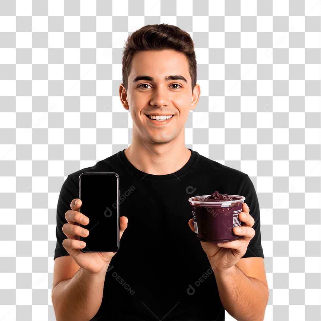 Jovem com Pote de Açaí PNG Transparente