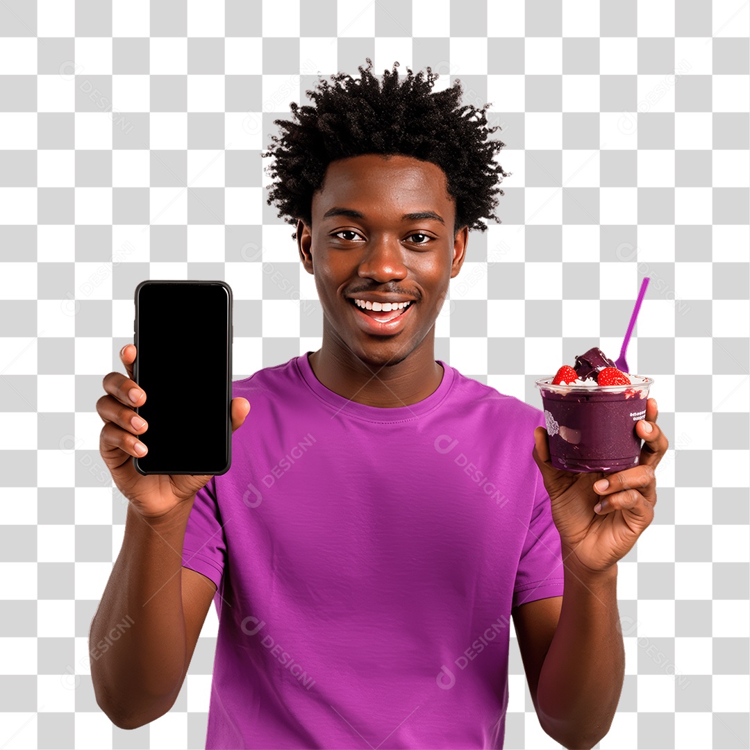 Jovem com Pote de Açaí PNG Transparente