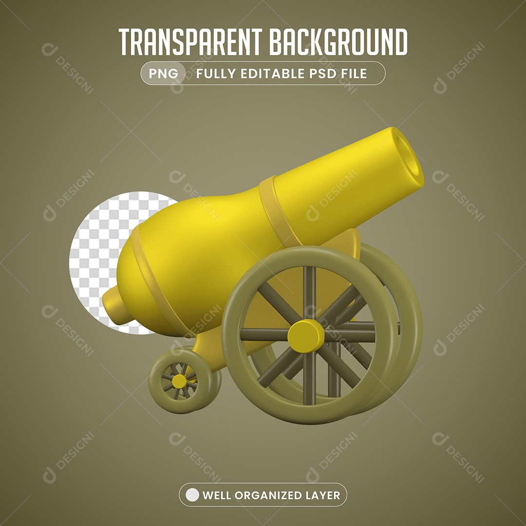 Elemento 3D Canhão Dourado para Composição PSD