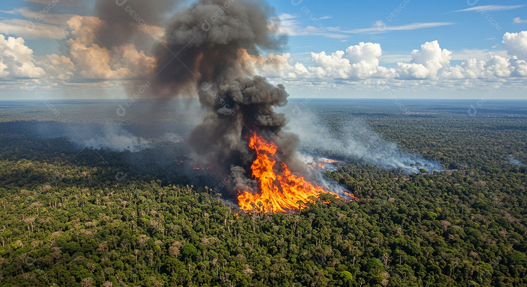 Vista aérea de um grande incêndio florestal na floresta tropical