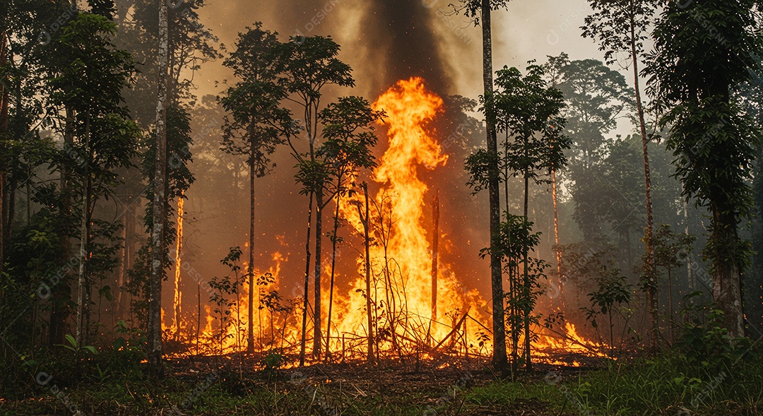 Incêndio florestal devastando uma selva densa