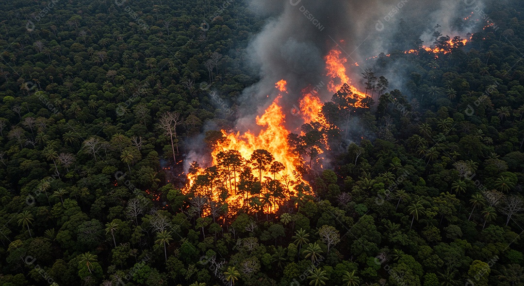 Vista aérea de um incêndio florestal com fumaça e chamas se espalhando vegetação tropical