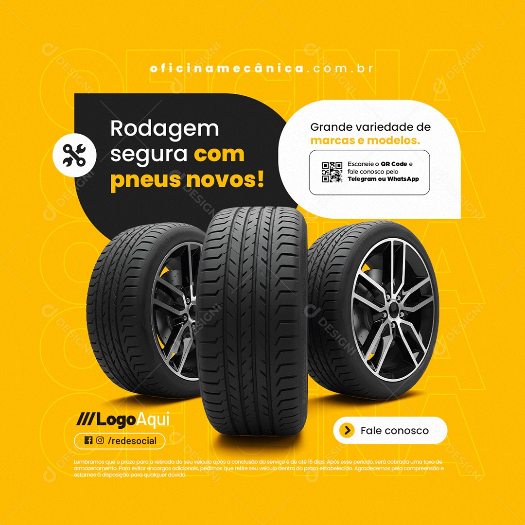 Oficina Mecânica Rodagem Segura Pneus Novos Social Media PSD Editável