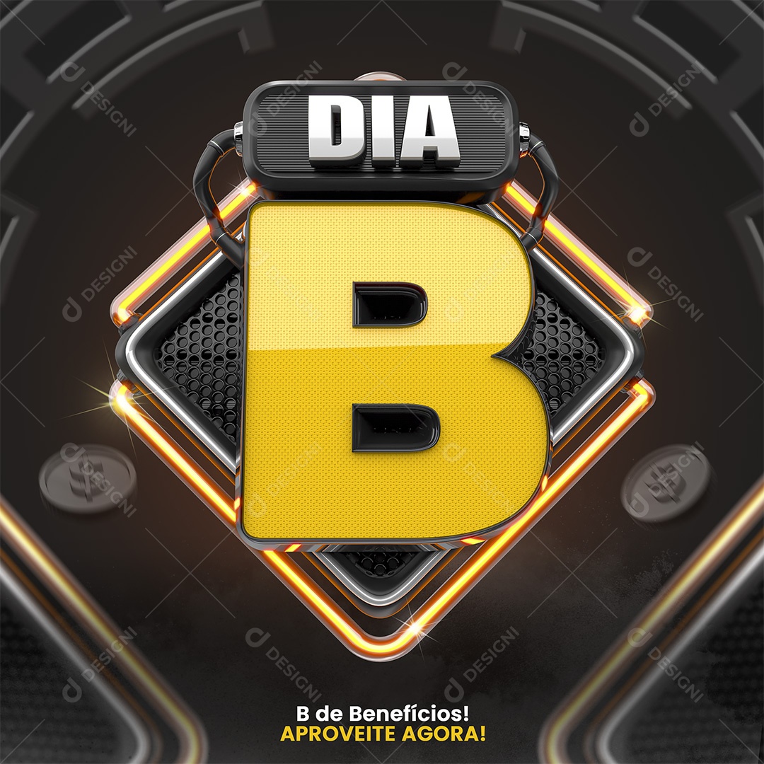 Dia B Selo 3D Preto e Amarelo para Composição PSD