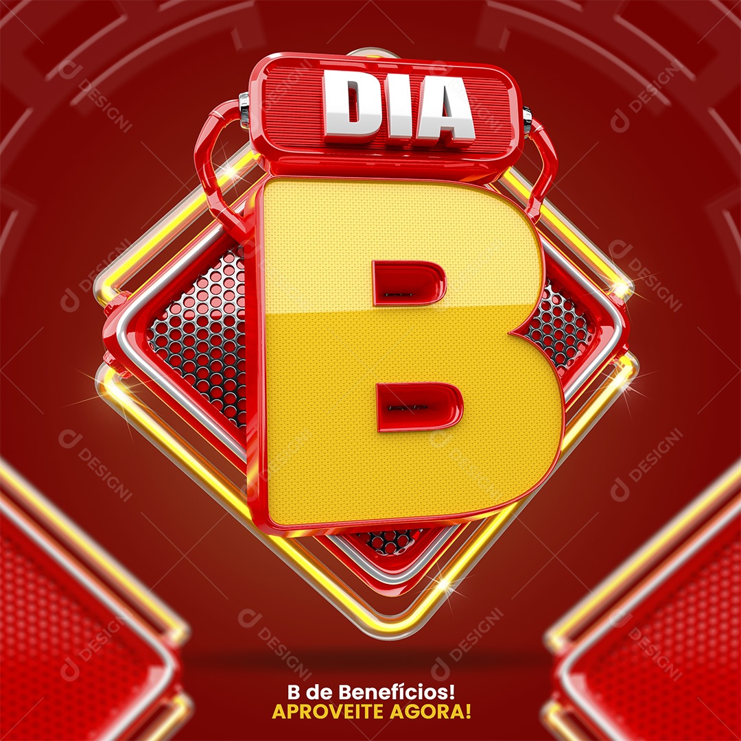 Dia B Selo 3D Vermelho e Amarelo para Composição PSD