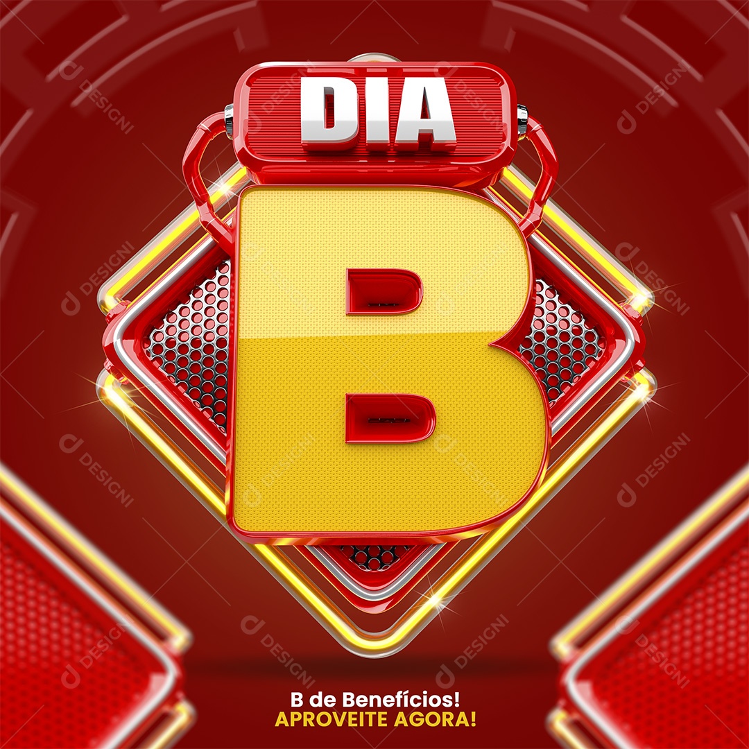 Dia B Selo 3D Vermelho e Amarelo para Composição PSD