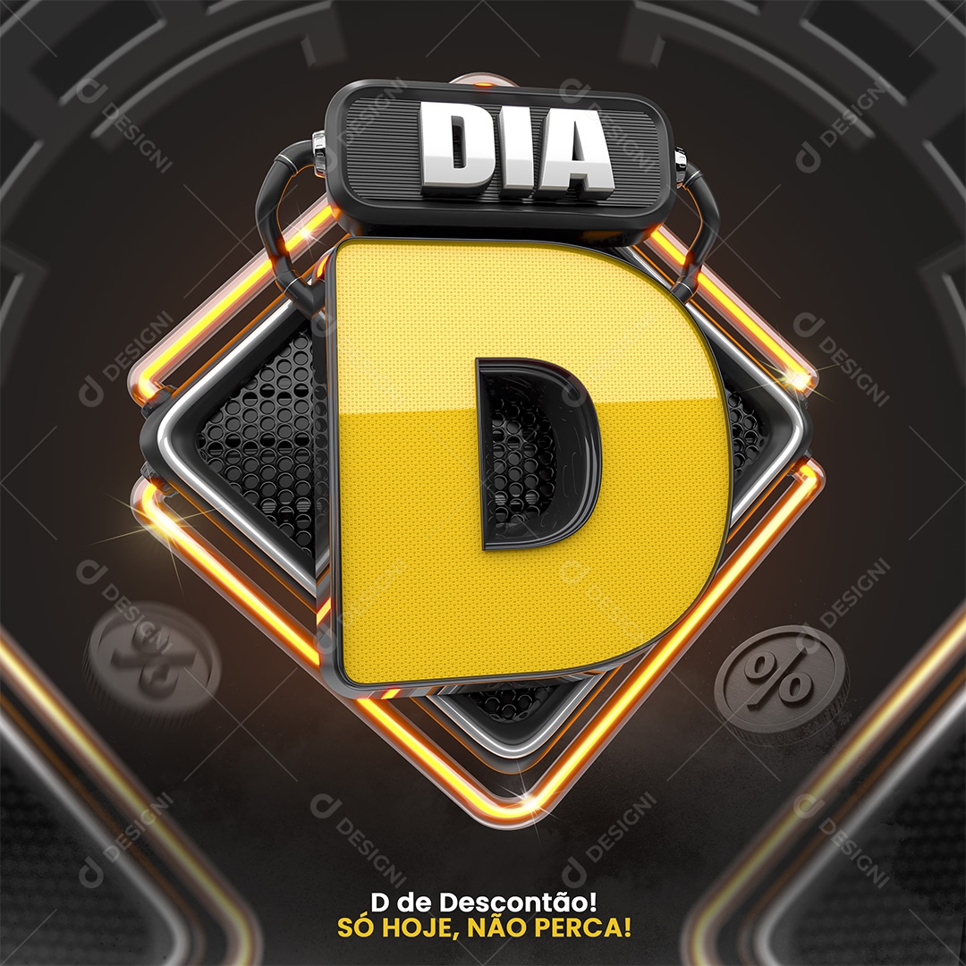 Dia D Selo 3D Preto e Amarelo para Composição PSD