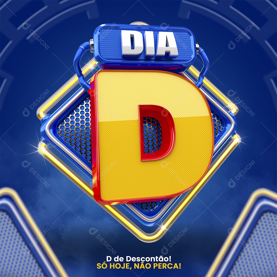 Dia D Selo 3D Azul e Amarelo para Composição PSD