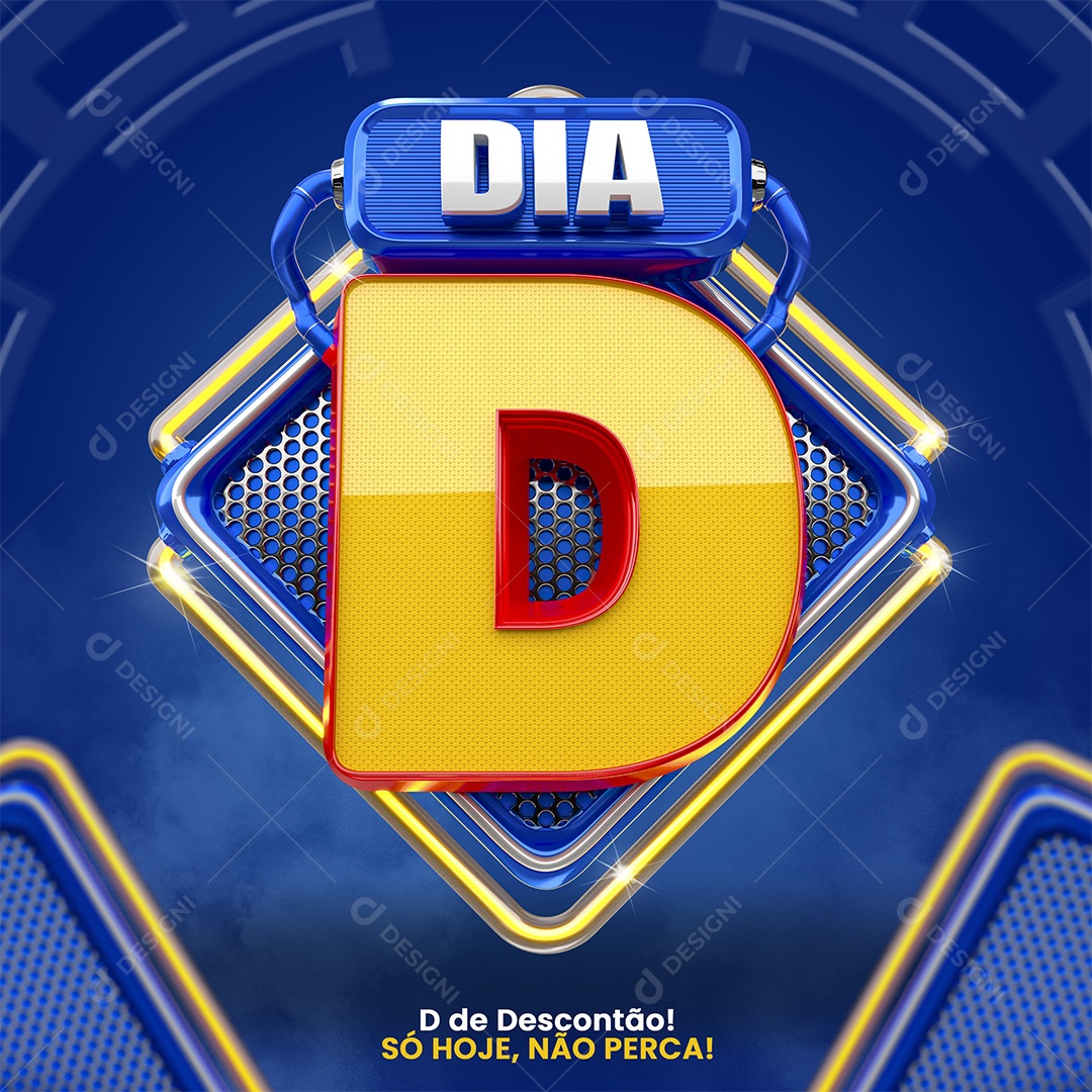 Dia D Selo 3D Azul e Amarelo para Composição PSD