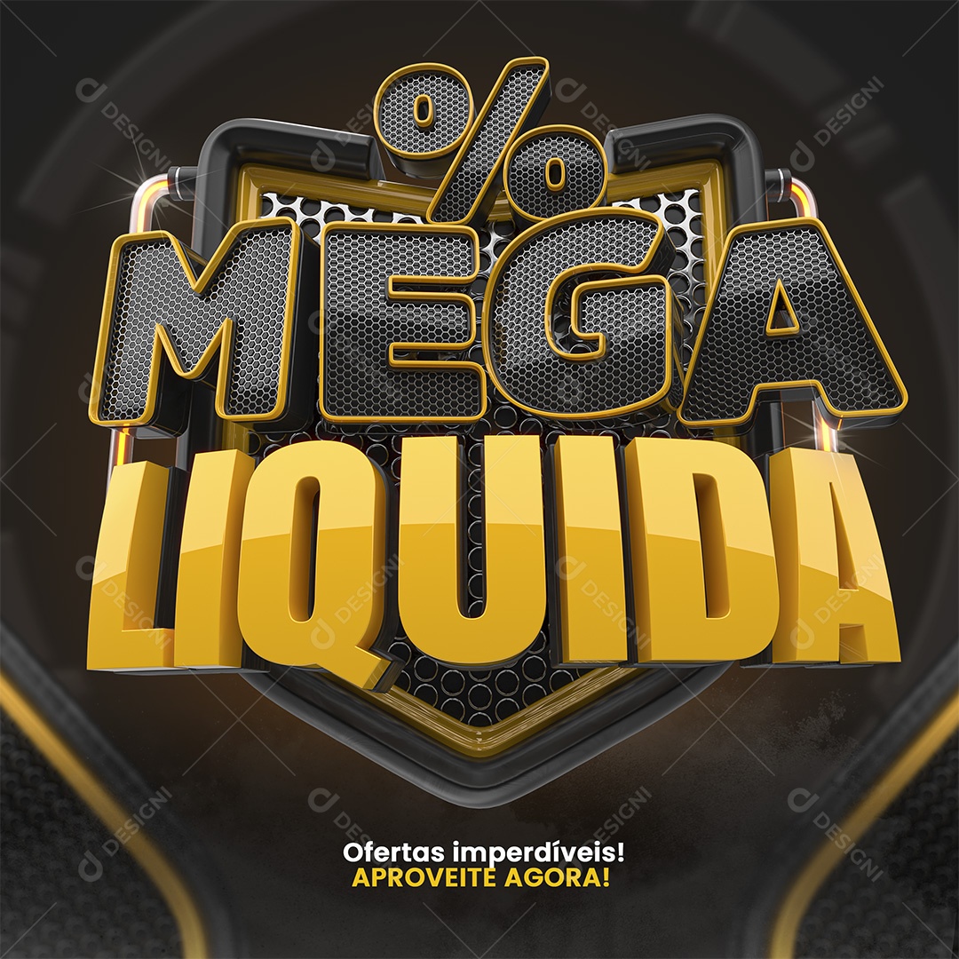 Mega Liquida Selo 3D Cinza e Amarelo para Composição PSD