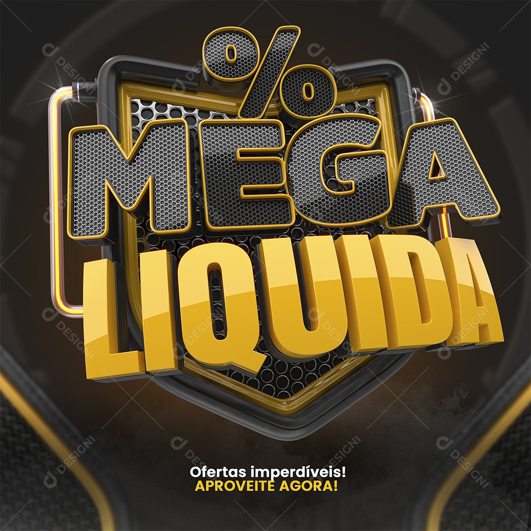 Mega Liquida Selo 3D Cinza e Amarelo para Composição PSD