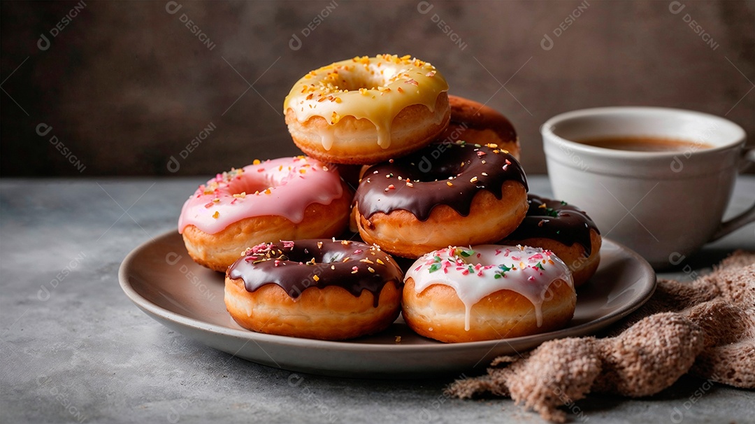 A imagem exibe uma pilha de donuts, também conhecidos como rosquinhas ou dónutes