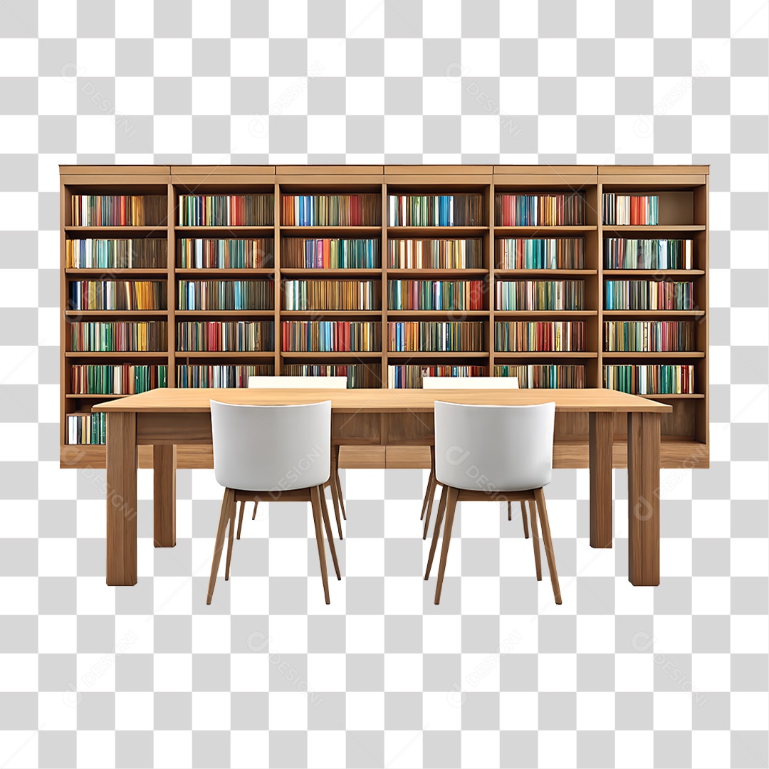 Biblioteca com Estante de Livros e Mesa com Cadeiras PNG Transparente
